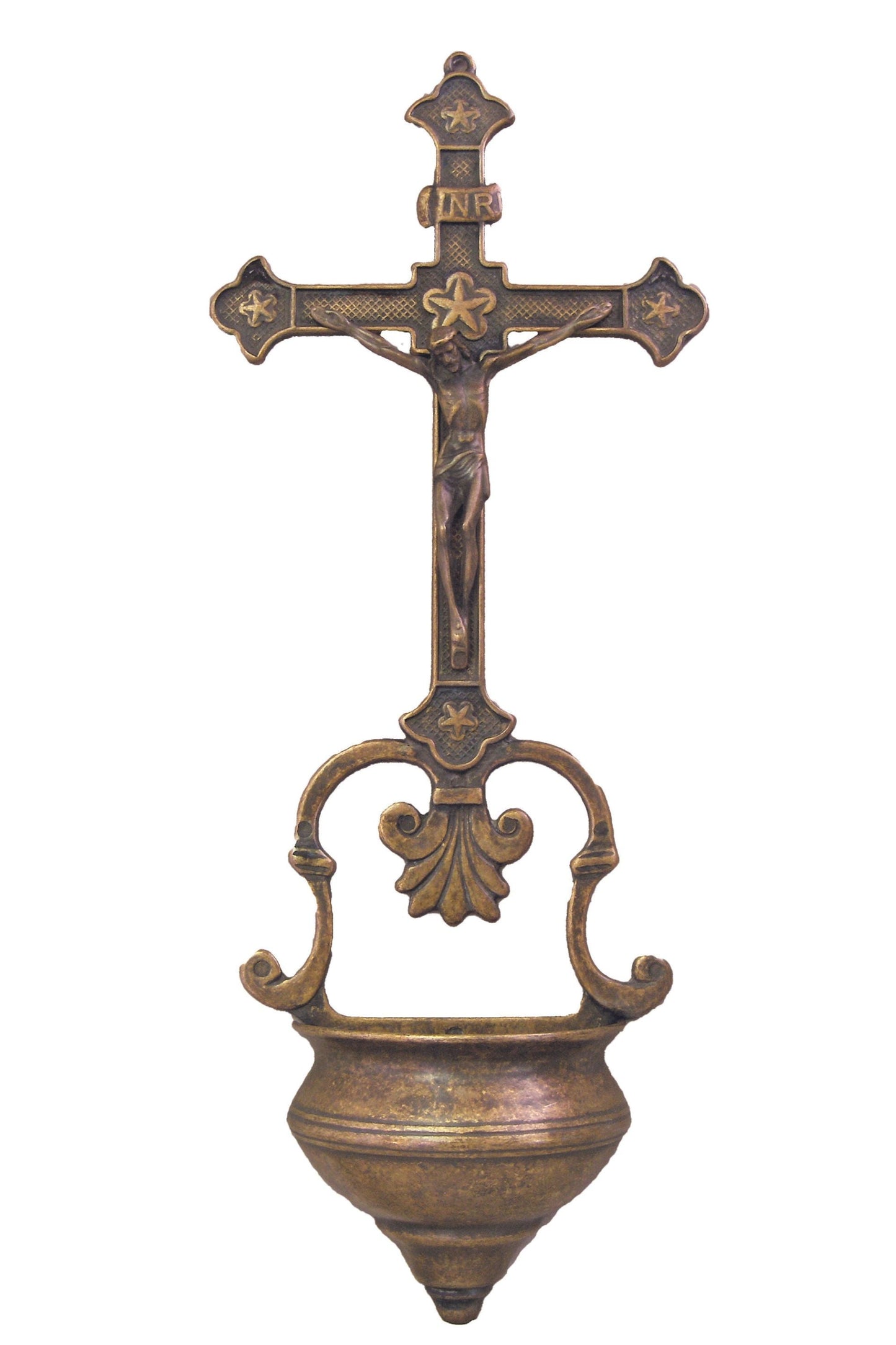 Crucifixion Font in Antique Brass 14"