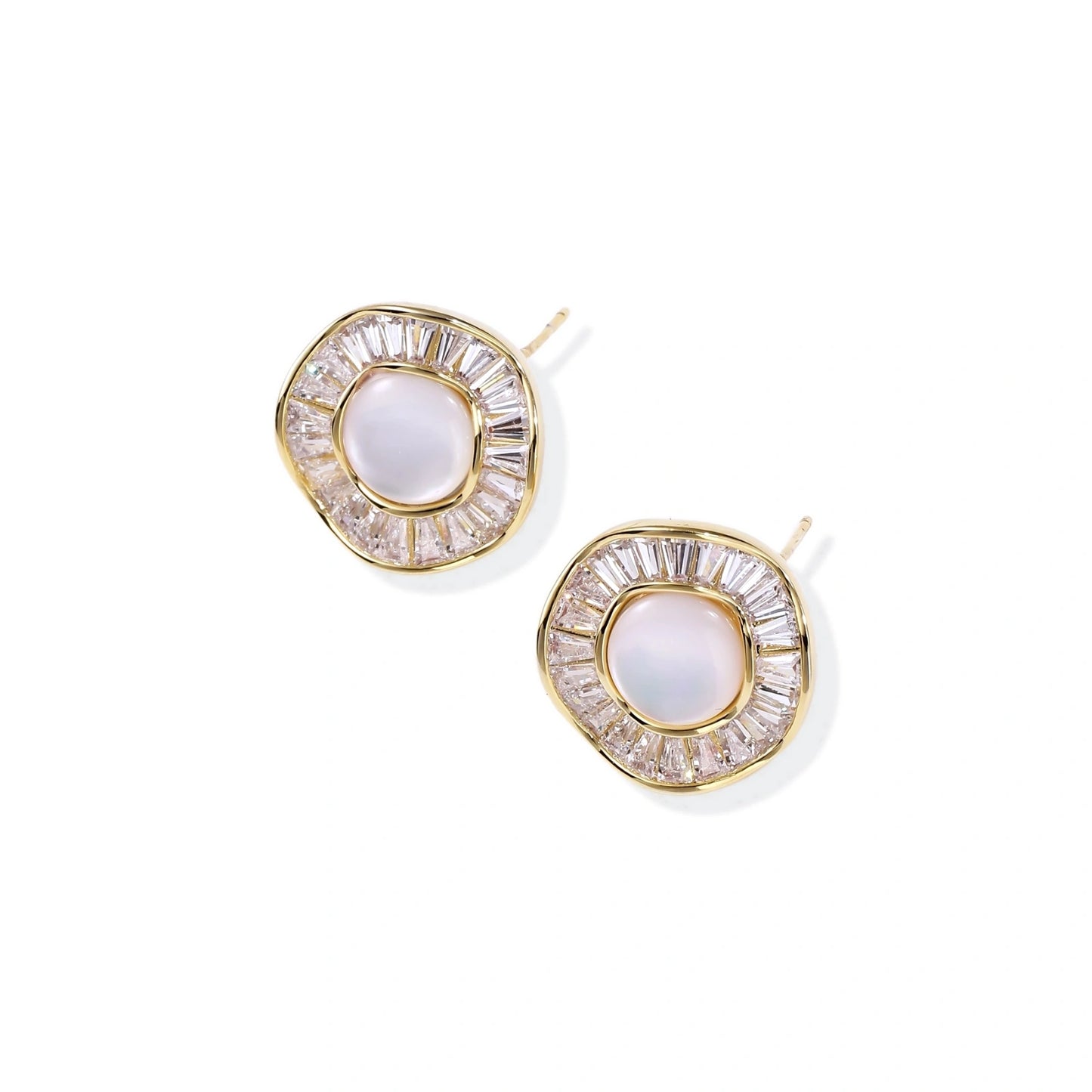 Gold-plated stud earrings with central freshwater pearl surrounded by radiating baguette crystals in sunburst design