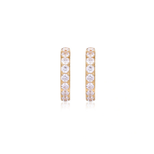 Gold pavé hoop earrings with two freshwater pearls nestled inside the curved design, featuring crystal-studded outer edge.