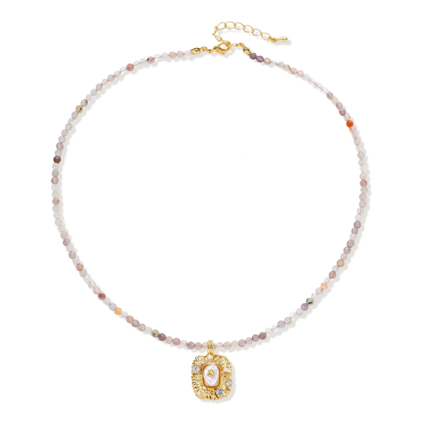 Ornate gold-plated pendant necklace with multicolored gemstone beads in purple, pink and clear tones on white background