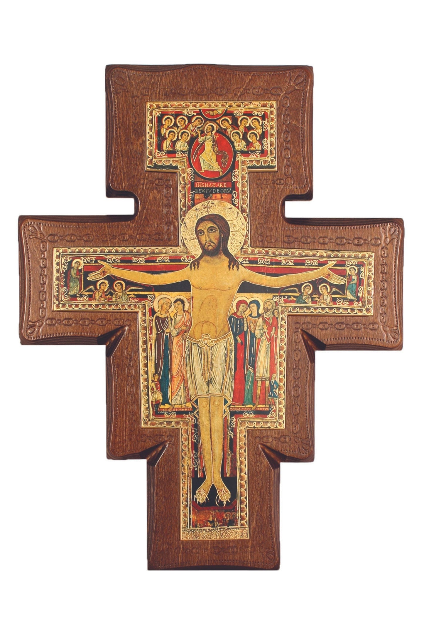 San Damiano Cross on Walnut Stained Boarder 11.5"