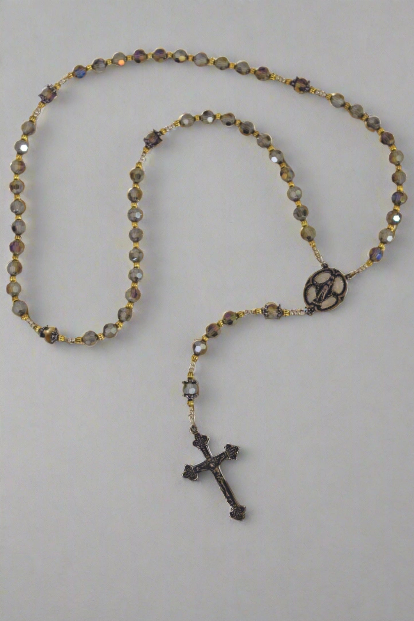 Miraculous Medal Antique Bronze/Iridescent Rosary 21"