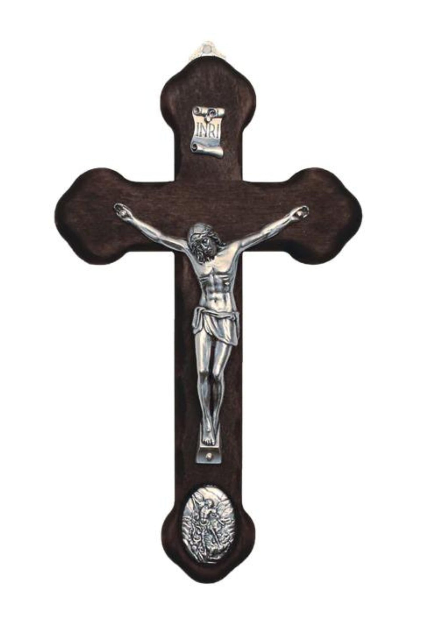 Wood Crucifix with Metal Corpus & Saint Michael Medallion 8.75"