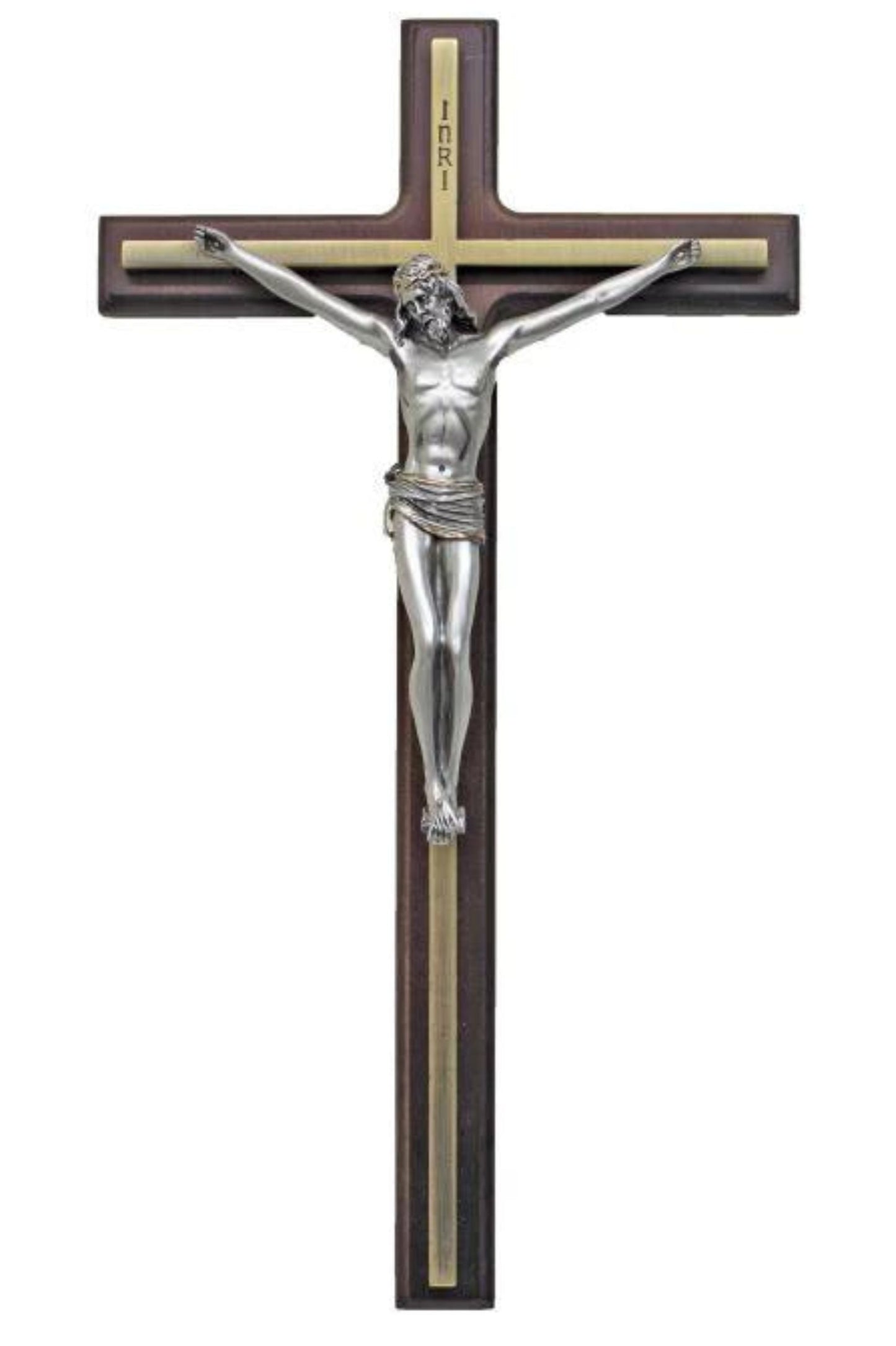 Wood Crucifix with Pewter Style Corpus/Gold Color Trim 10.5"