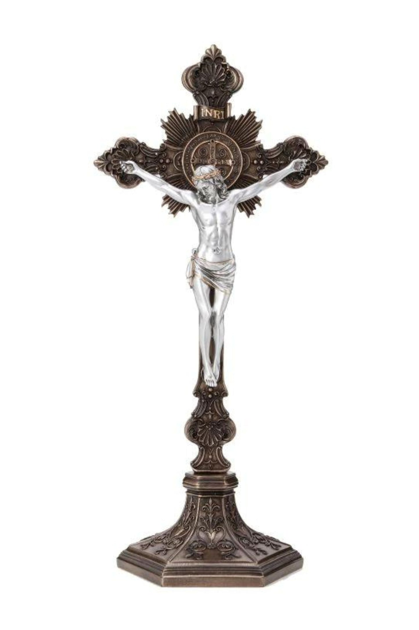 Standing Saint Benedict Crucifix Cold Cast Bronze/Pewter Style 9.5"