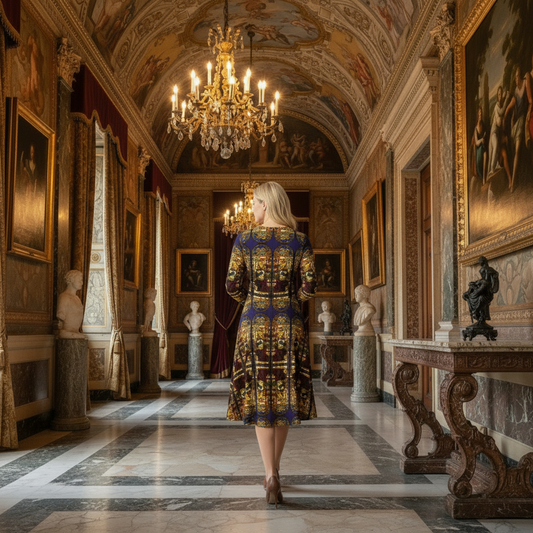 Angel of the Annunciation dress back view walking with Renaissance background