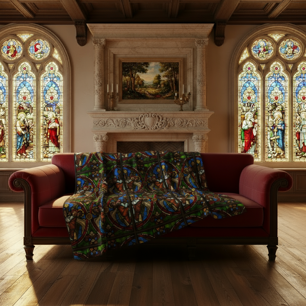 Angels Swinging Censurs blanket on sofa with fireplace and stained glass backdrop