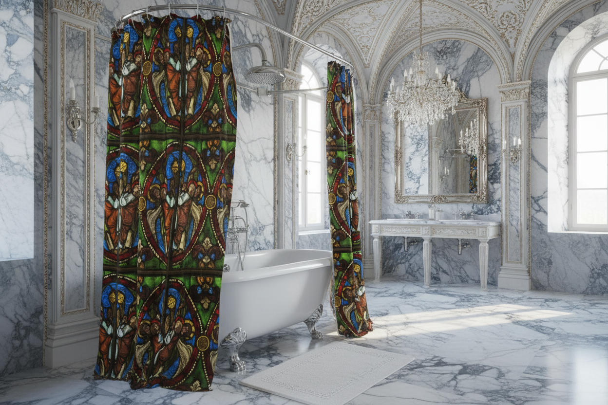 Angels Swinging Censurs shower curtain open in castle bathroom