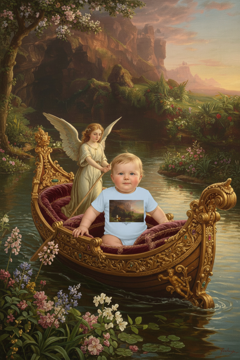 Baby boy wearing exact blue Voyage of Life shirt in boat with angel