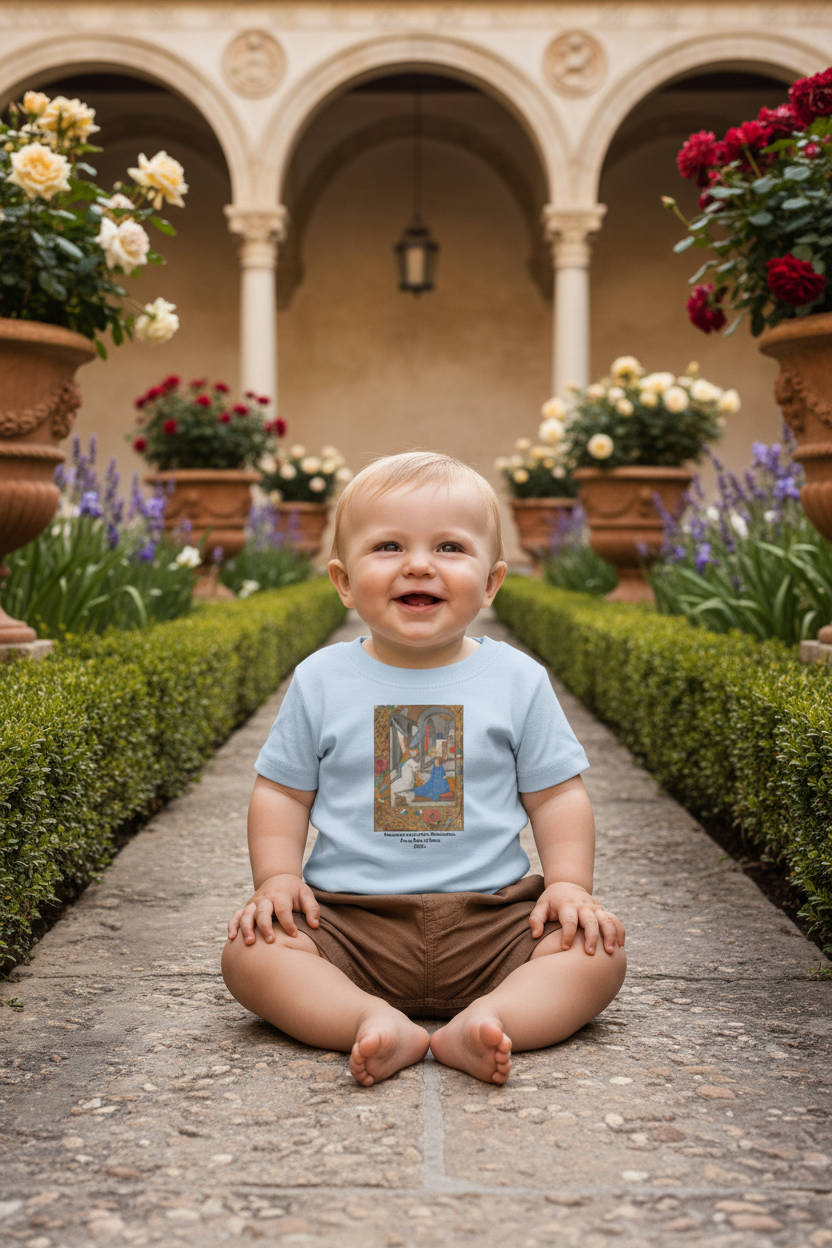 Baby wearing Manuscript Leaf Annunciation t-shirt in Renaissance garden with arches