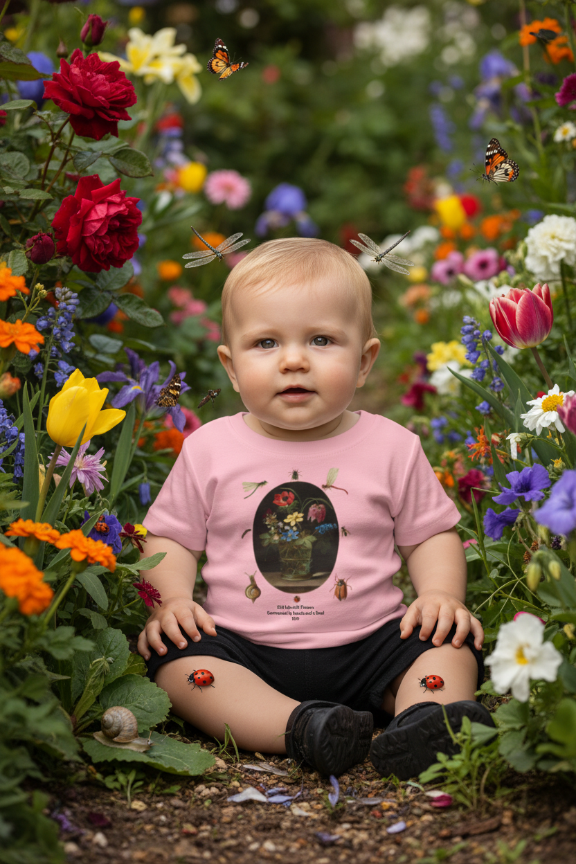 Baby wearing Still Life with Flowers t-shirt in flower patch with insects