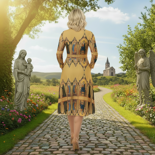Back view of Madonna and Child dress in garden