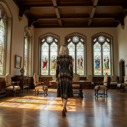 Back view of model walking away in The Virgin Annunciate dress