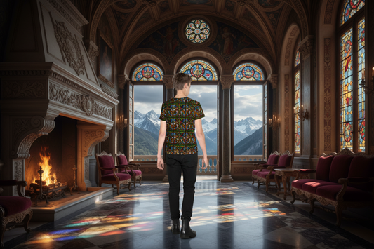 Back view of youth walking away in Angels Swinging Censurs t-shirt in Renaissance palace