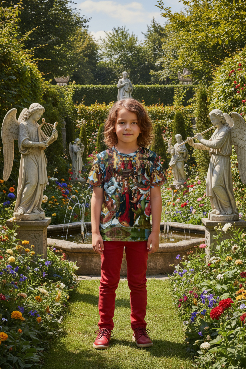 Beautiful 7 year old kid showing entire Mary Queen of Heaven t-shirt from top to bottom in bright castle garden