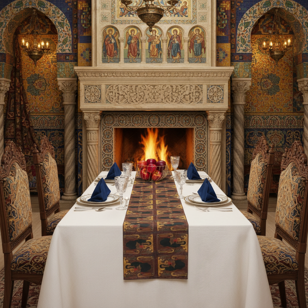 Byzantine dining room with Madonna and Child table runner and fireplace