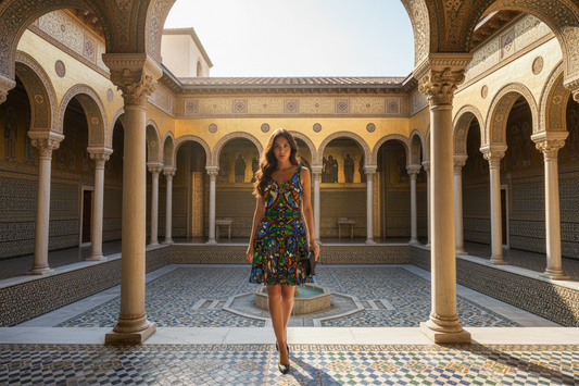 First model in exact Angels dress with black heels and clutch in Byzantine palace