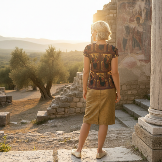 Full body back view with gold skirt and ballerina shoes