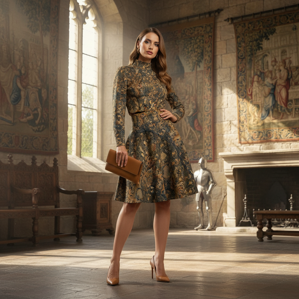 Glamorous model in medieval tapestry skirt in castle