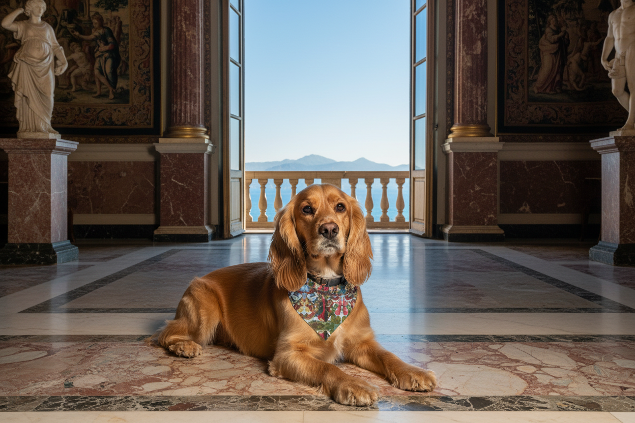 Golden cocker spaniel with Mary, Queen of Heaven bandana in palace