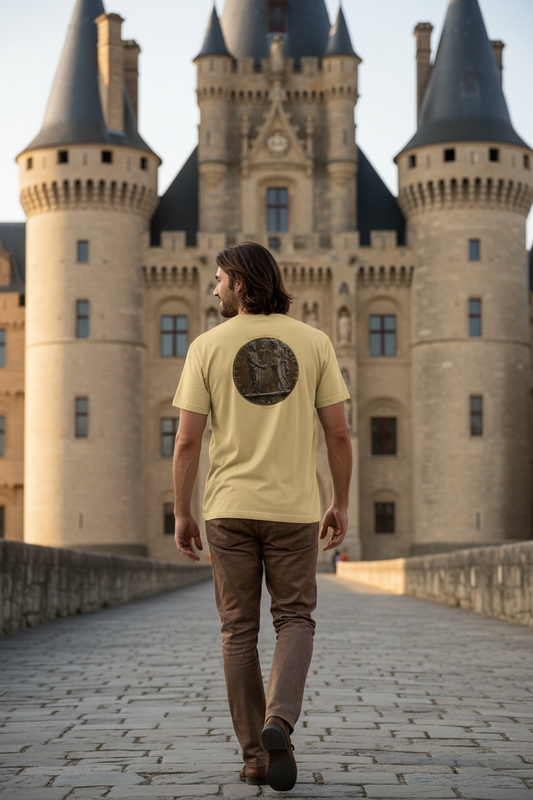 Handsome man with longer hair wearing Constantine and the Church t-shirt and bronze slacks - walking away toward Renaissance castle