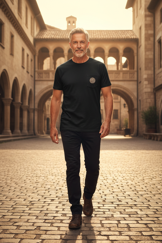 Handsome older man wearing Lion Being Taught by Cupid t-shirt and black pants - walking toward camera in sunny medieval courtyard