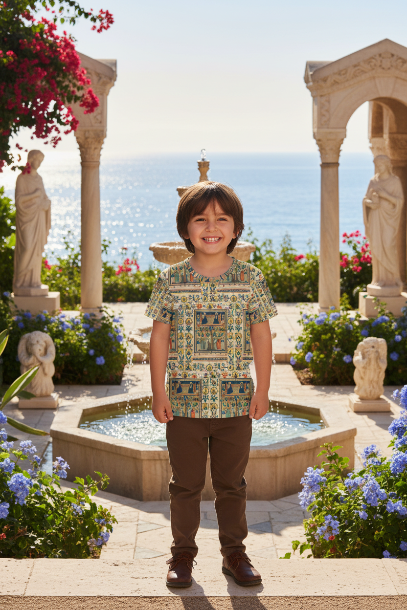 Happy kid wearing Christ and the Virgin Enthroned all-over print t-shirt in Byzantine courtyard garden with ocean view