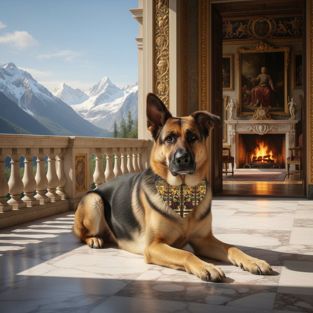 Larger black and sable German Shepherd on balcony