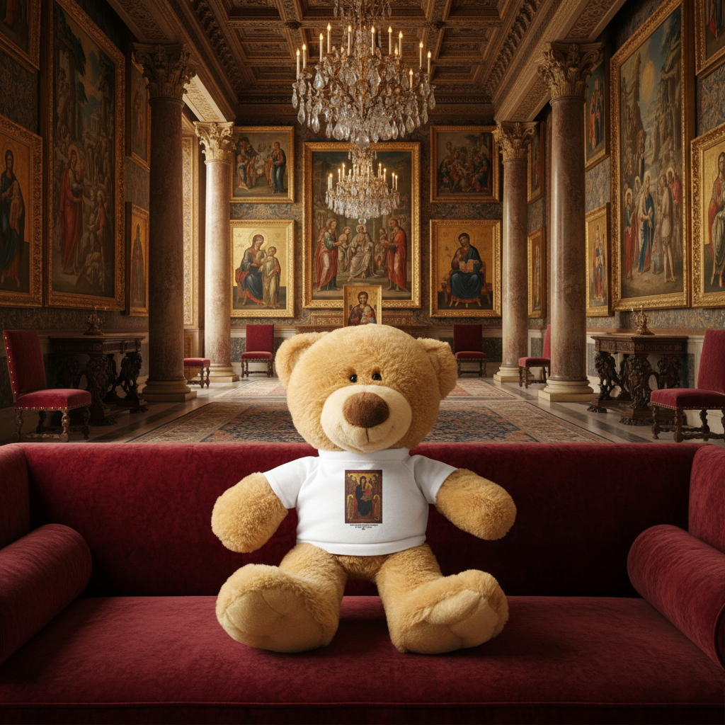 Madonna and Child teddy bear on sofa in opulent palace