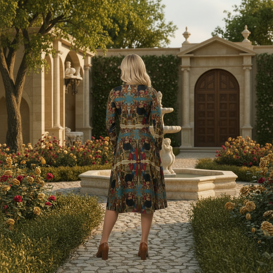 Madonna and Child with Saints and Angels dress back view with Renaissance background