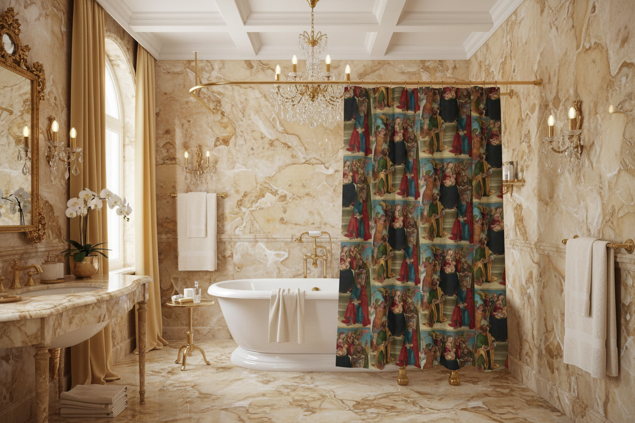 Madonna and Child with Saints and Angels shower curtain in new luxurious bathroom