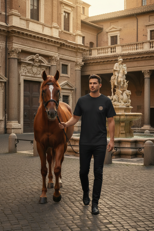 Man leading horse toward camera, showing front of Saint George t-shirt with proper horse proportions