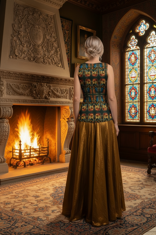 Model back view in tank top with gold skirt by fireplace