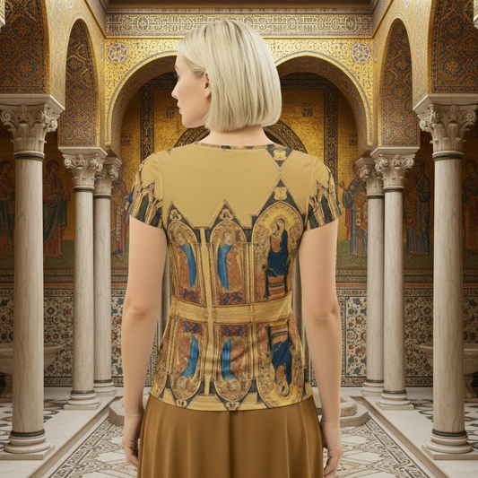 Model in Byzantine courtyard wearing t-shirt and golden brown skirt