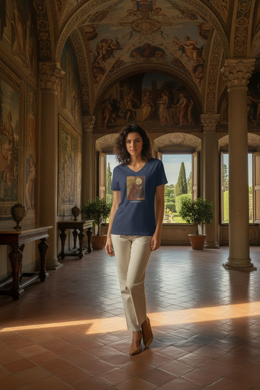 Model in heather navy tee with slacks and tan heels