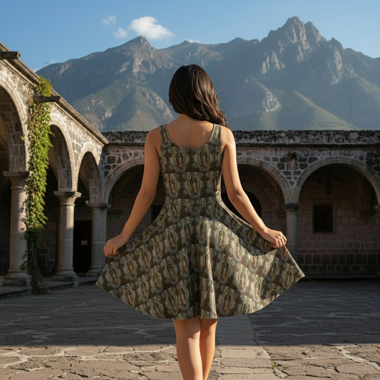 Model showing back of dress in church courtyard