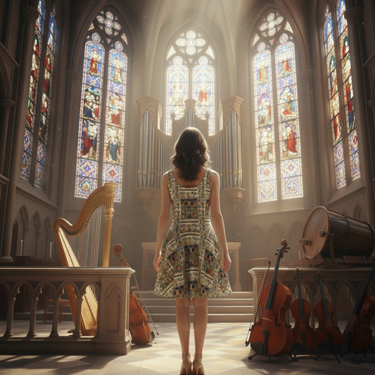 Model showing back of dress in church