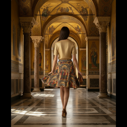 Model walking away in The Coronation of the Virgin skirt