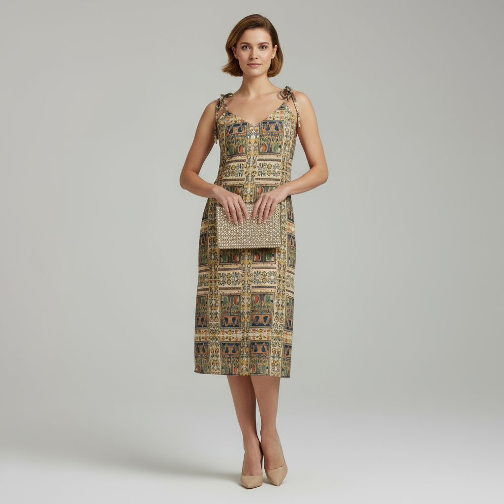 Model with short golden brown hair wearing Christ and the Virgin Enthroned dress - version 2