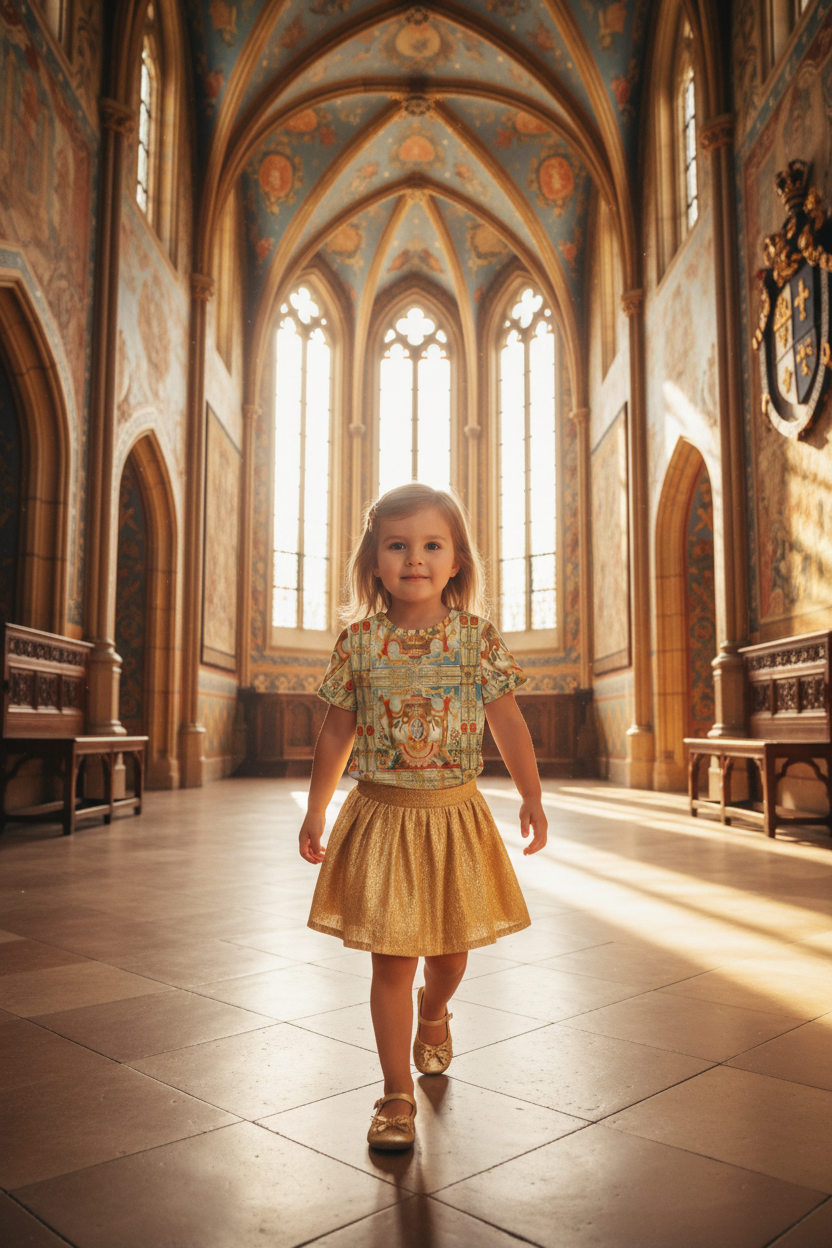 Pretty 4 year old girl walking towards camera showing entire Arms of the Greder Family t-shirt design in bright castle