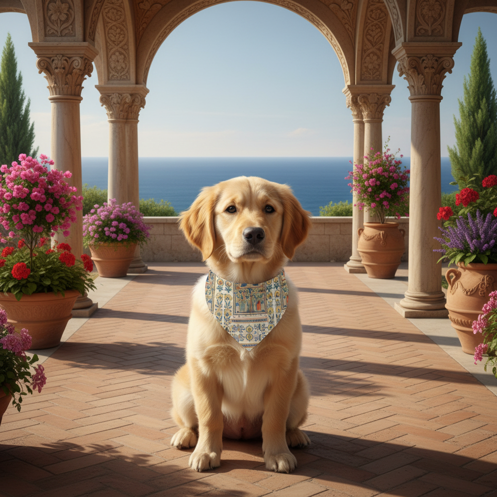 Realistic small dog wearing Christ and Virgin Enthroned bandana in Renaissance courtyard