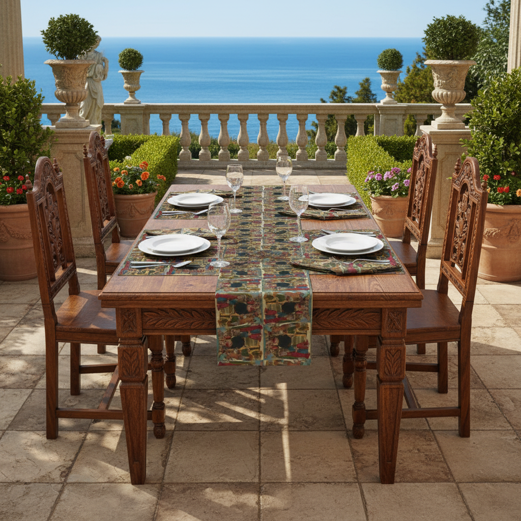 Renaissance garden terrace with visible matching placemats under china settings