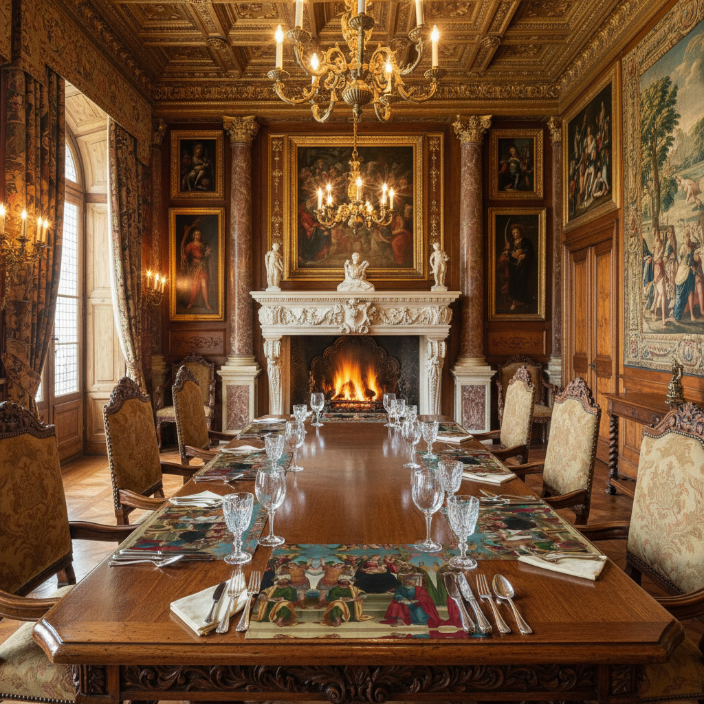 Renaissance palace with fully visible Madonna and Child placemats, no dishes