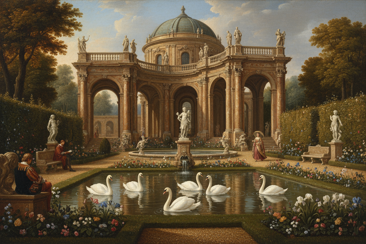 Renaissance palace with swans and pond