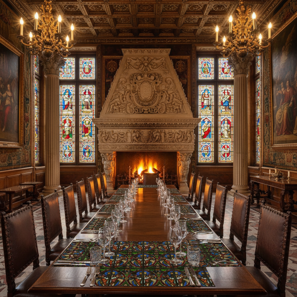 Stunning open Renaissance palace with Angels Swinging Censurs placemats, stained glass windows and roaring fireplace
