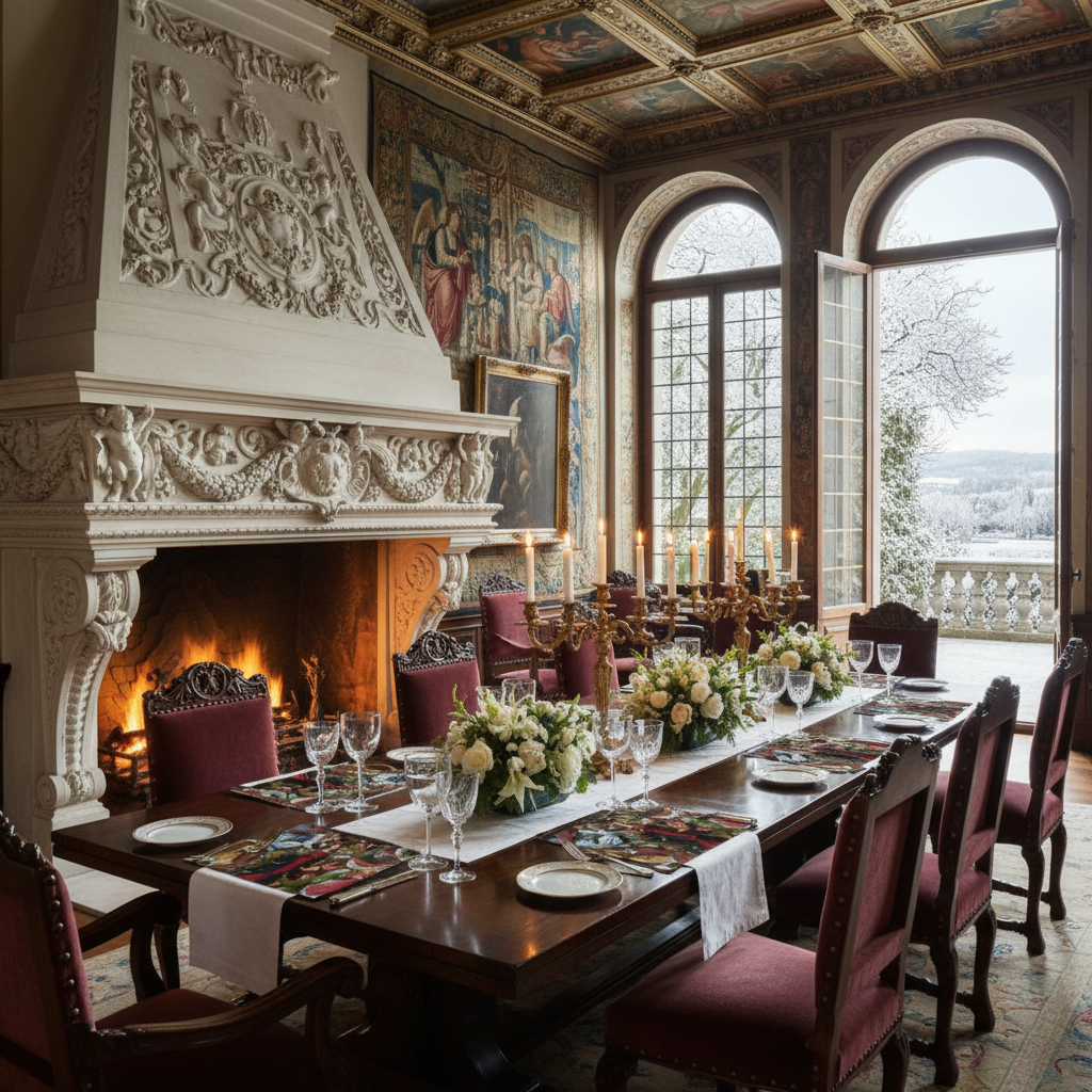 Stunning Renaissance dining room with Mary, Queen of Heaven placemats, French doors to snow terrace and ornate fireplace