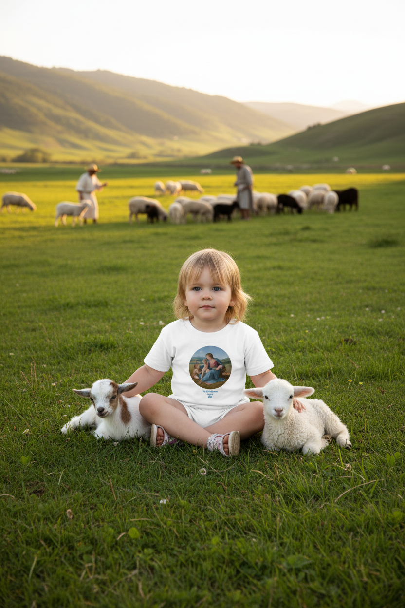 Toddler in pastoral valley with baby animals