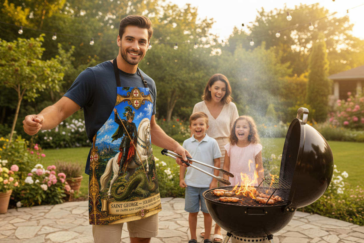 Young Man Grilling in Apron with Family