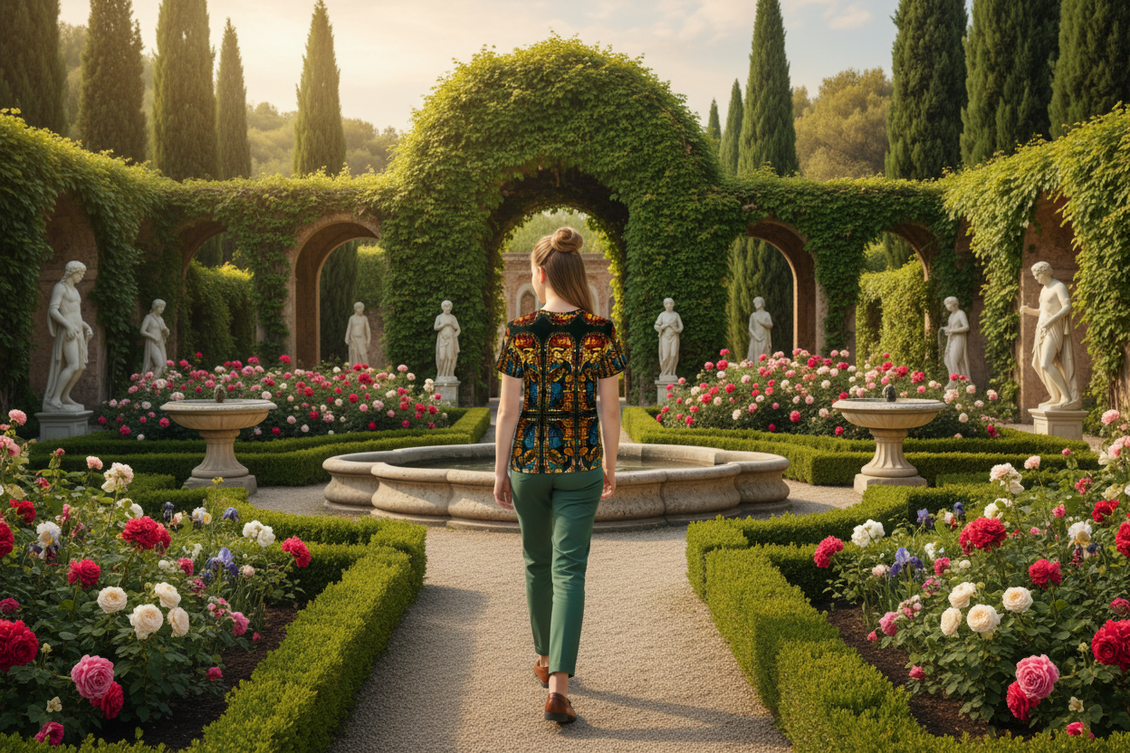 Youth girl walking away in The Virgin Annunciate t-shirt through Renaissance garden