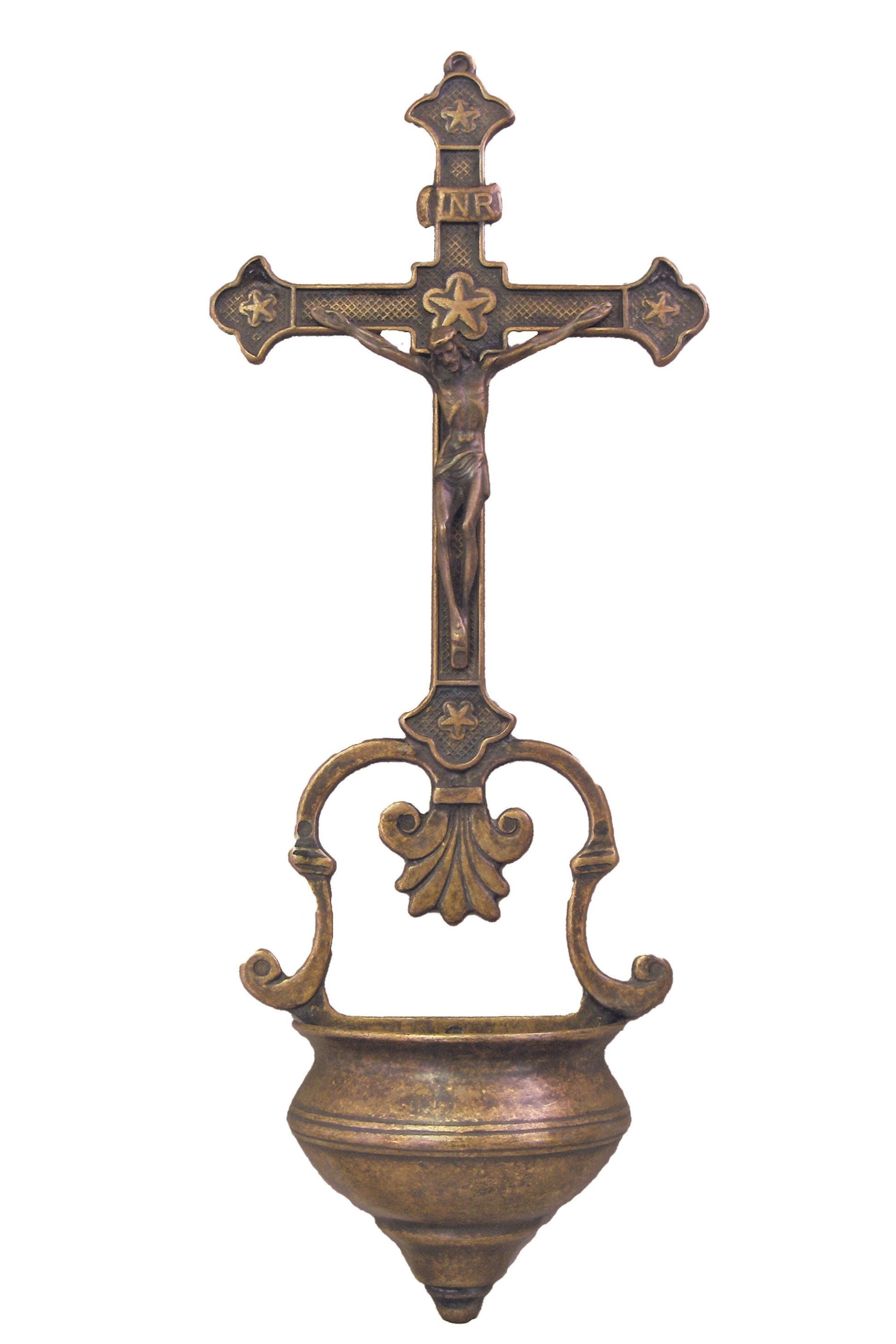 Crucifixion Font in Antique Brass 14"